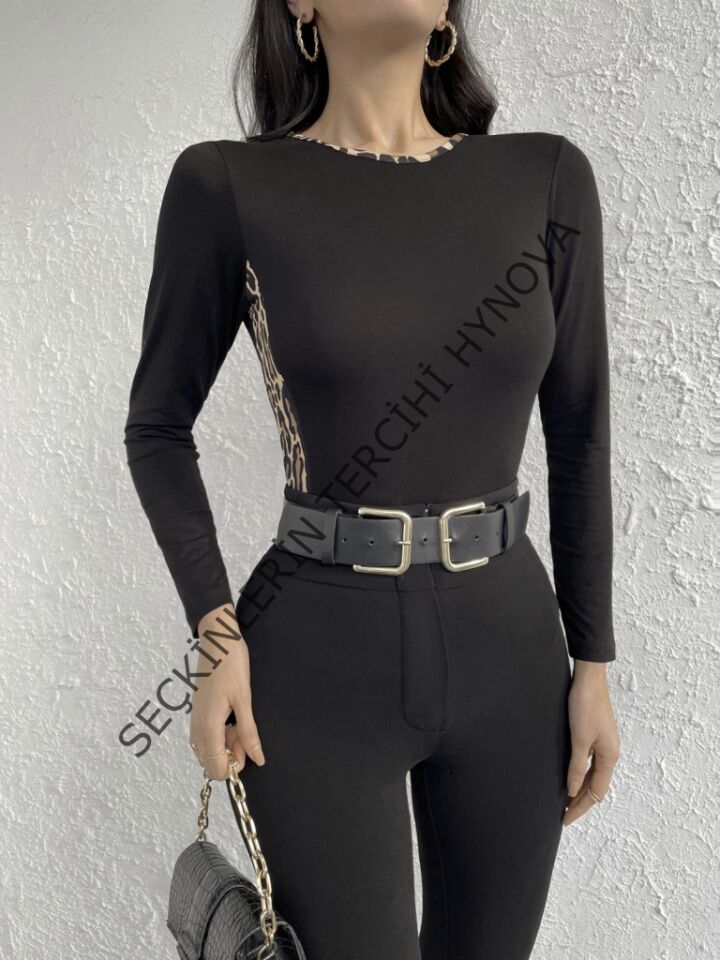 Kadın Uzun Kollu Leopar şeritli Viskon Bluz