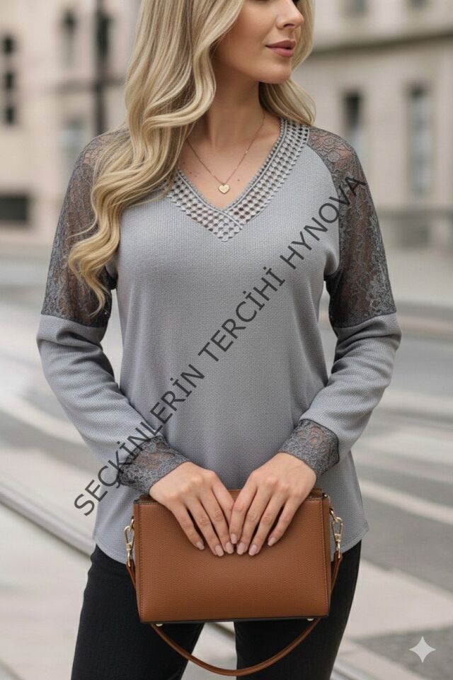 Kadın Uzun Kollu V Yakalı Dantelli Waffle Bluz
