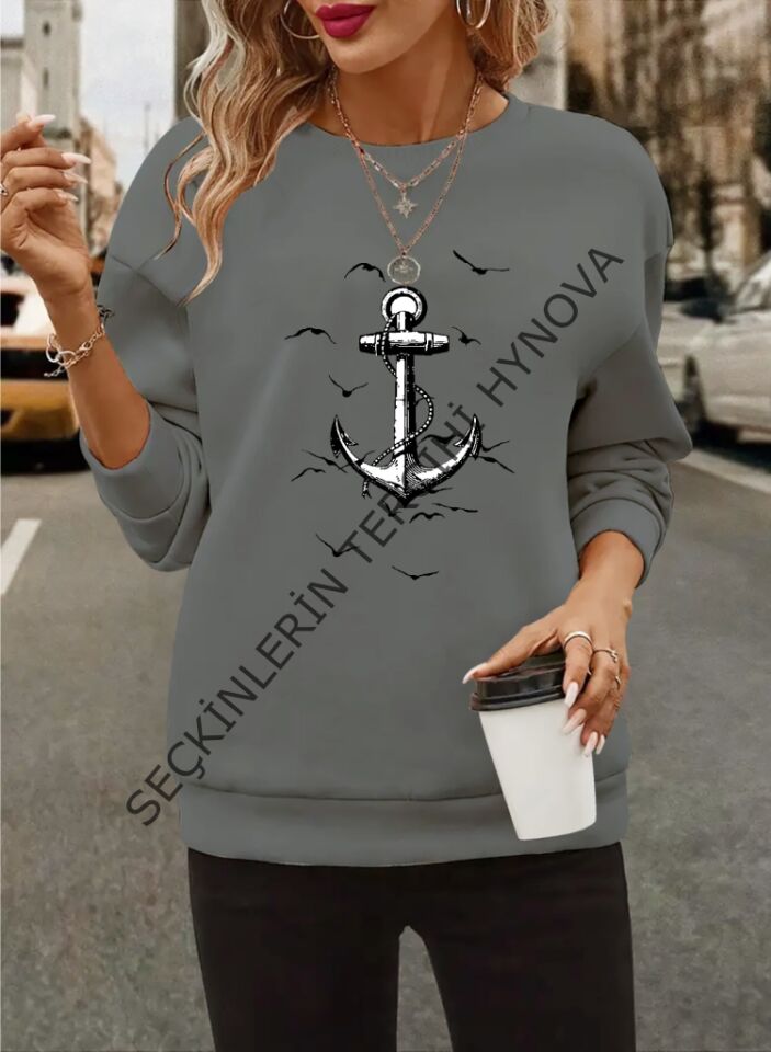 Kadın Uzun Kollu Bisiklet Yaka Desenli Viskon Iki Iplik Bluz