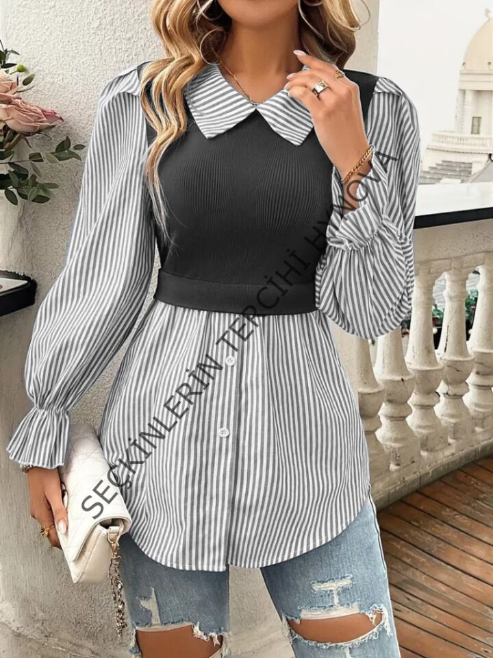 Kadın Uzun Kollu Yakalı önden Düğmeli Ottoman Bluz