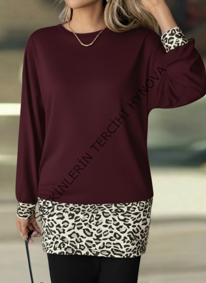 Kadın Uzun Kollu Bisiklet Yaka üst Viskon Iki Iplik Alt Leopar Desenli Mini Elbise