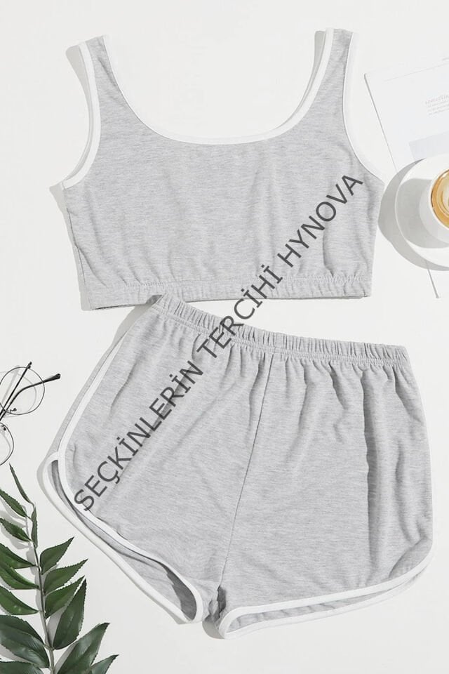 Kadın Gri Askılı Crop Top ve Şortlu Gecelik Takım