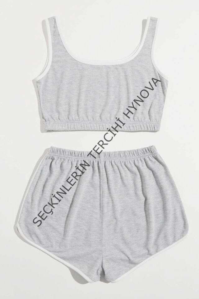 Kadın Gri Askılı Crop Top ve Şortlu Gecelik Takım