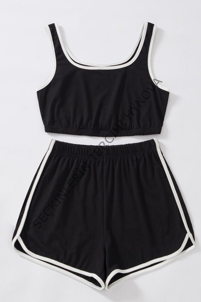 Kadın Siyah Askılı Crop Top ve Şortlu Gecelik Takım