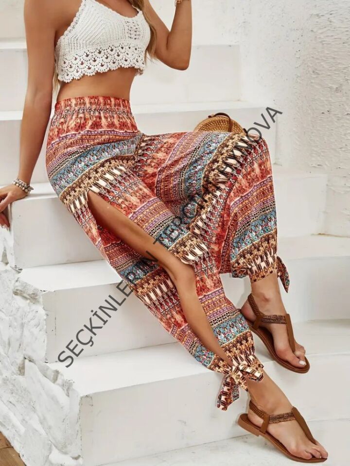 Kadın Yüksek Belli Yanlardan Yırtmaç Detaylı Desenli Bürümcük Pantolon