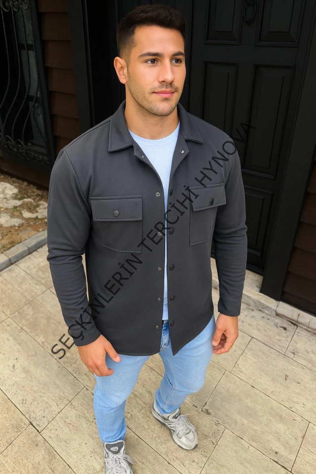 Erkek Diagonal Kumaş Cepli Çıtçıtlı Uzun Kollu, Gömlek Oversize Rahat Kalıp Günlük Şık Stil - Füme