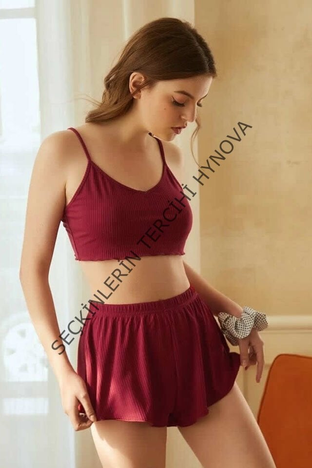 Kadın Bordo Şortlu Kaşkorse Gecelik Takım