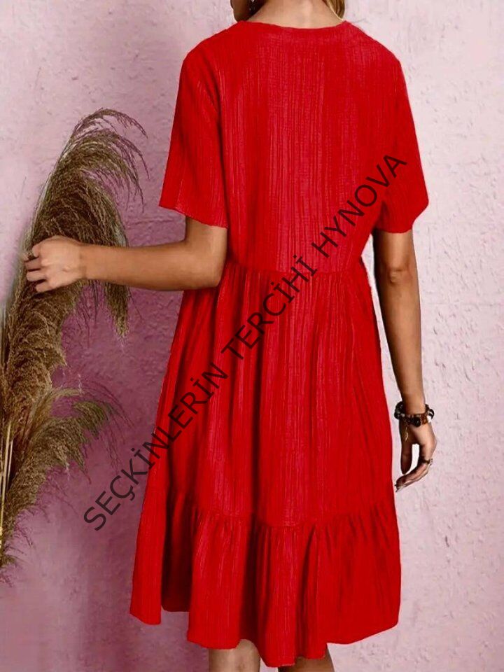 Kadın V Yaka, Fırfırlı Bürümcük Kumaş Elbise