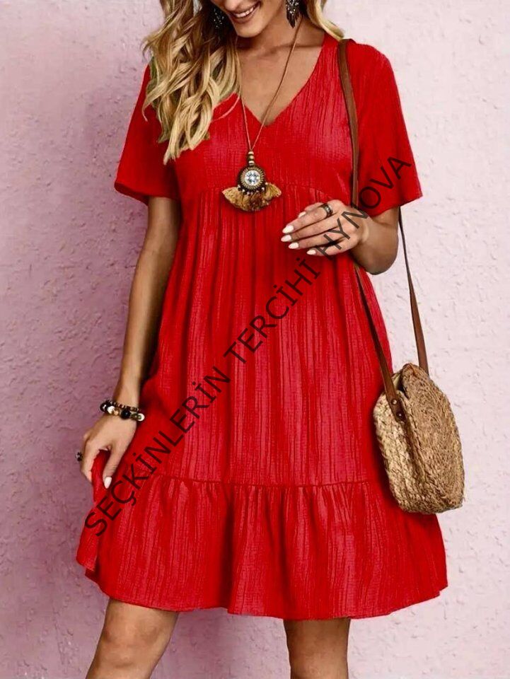 Kadın V Yaka, Fırfırlı Bürümcük Kumaş Elbise