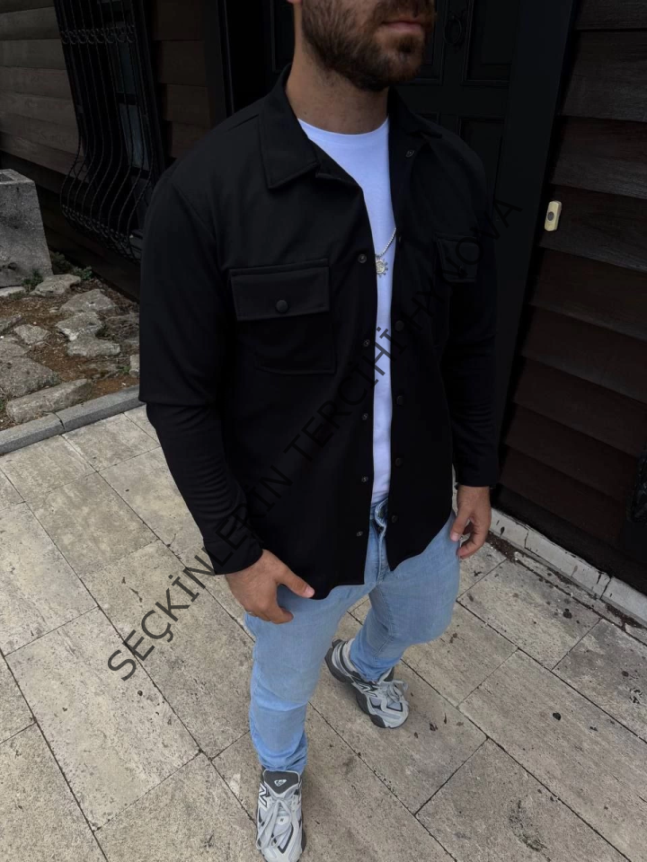 Erkek Diagonal Kumaş Cepli Çıtçıtlı Uzun Kollu, Gömlek Oversize Rahat Kalıp Günlük Şık Stil - Siyah