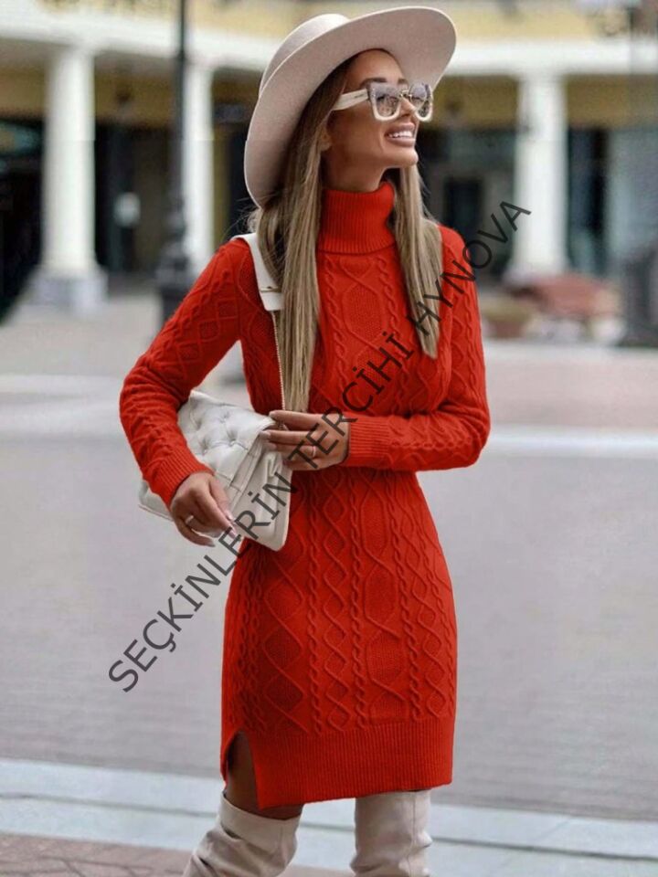 Kadın Uzun Kollu Loren Yünlü Motifli Midi Boy Triko Elbise