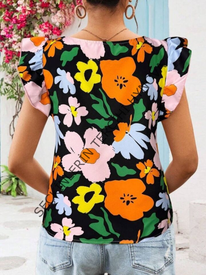 Kadın Kısa Fırfır Kollu Kare Yaka çiçek Desenli Ithal Keten Bluz