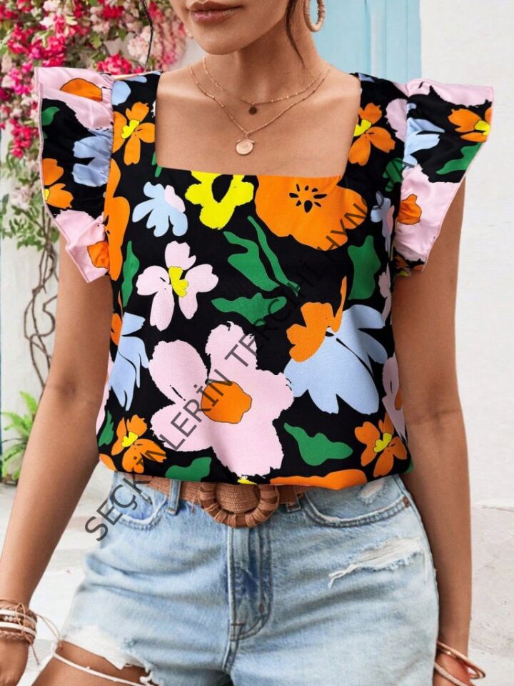 Kadın Kısa Fırfır Kollu Kare Yaka çiçek Desenli Ithal Keten Bluz