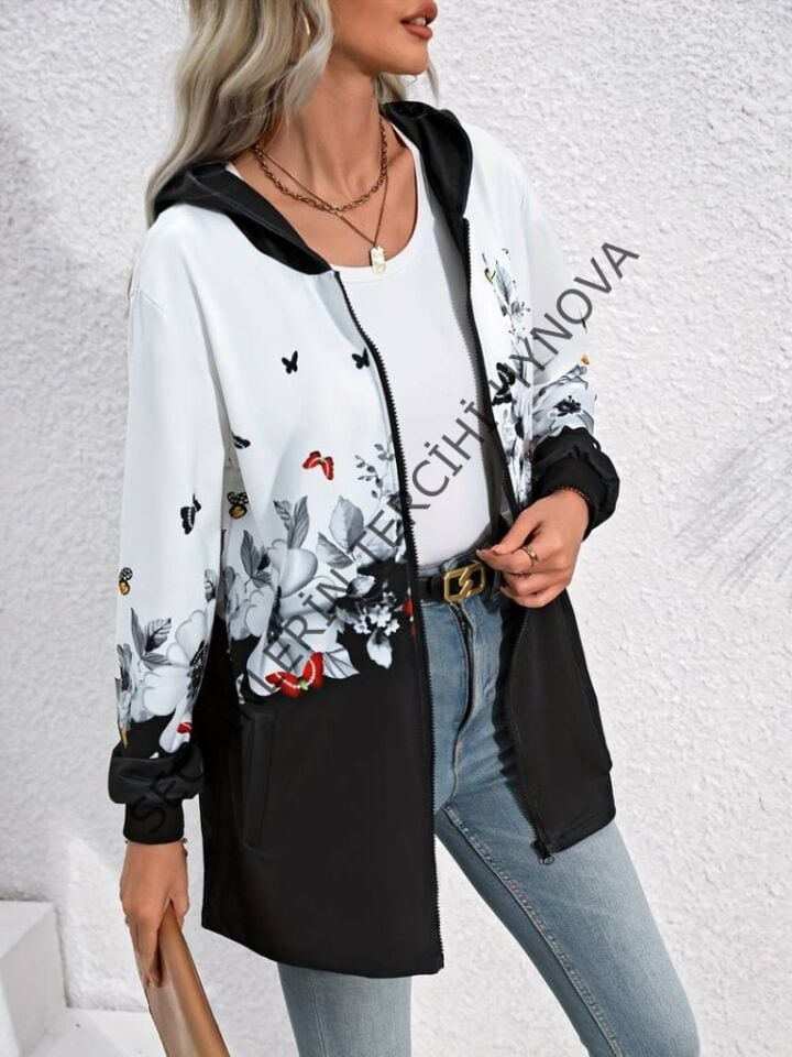Kadın Uzun Kollu Kapşonlu Fermuarlı çiçek-kelebek Desenli şardonlu Dalgıç Ceket