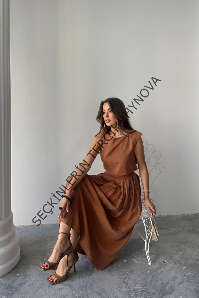 KETEN KOLSUZ BLUZ - MAXİ ETEK TAKIM - Kahverengi