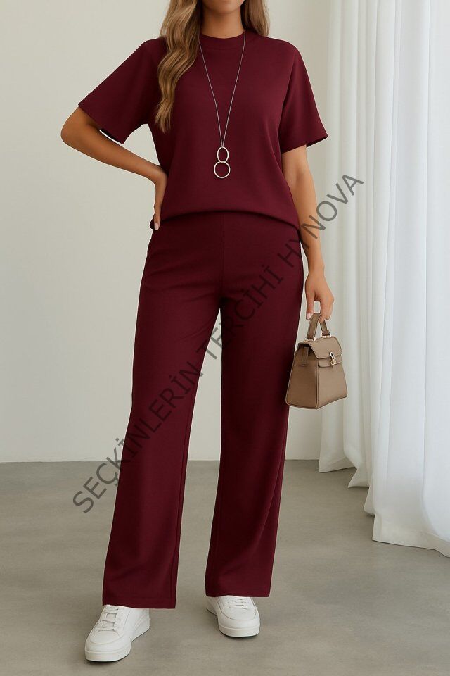 Kadın Kısa Kollu Bisiklet Yaka Omuzdan Düğmeli Viskon Iki Iplik Kısa Bluz Ve Pantolon Ikili Takım