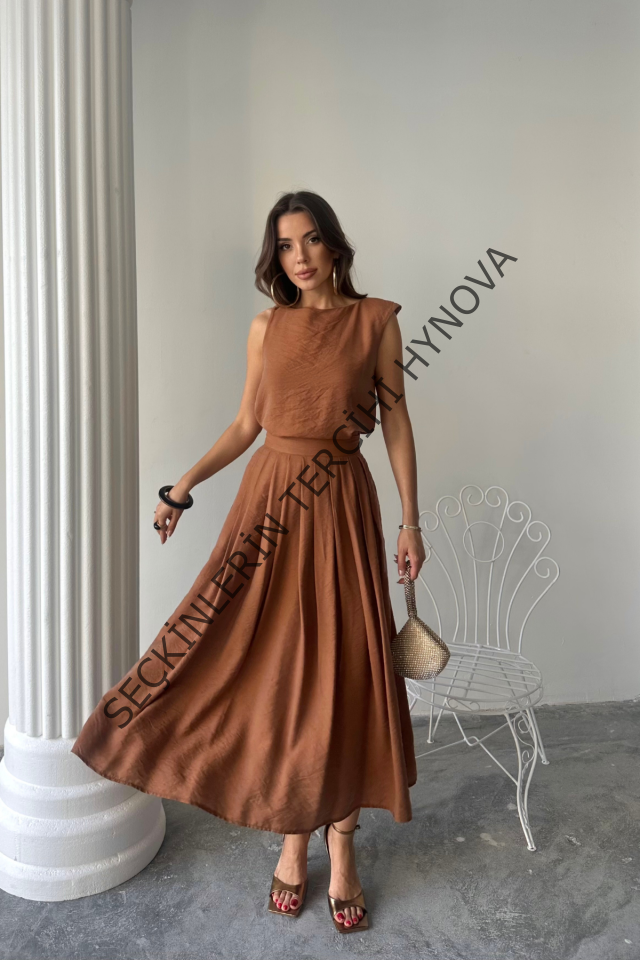 KETEN KOLSUZ BLUZ - MAXİ ETEK TAKIM - Kahverengi