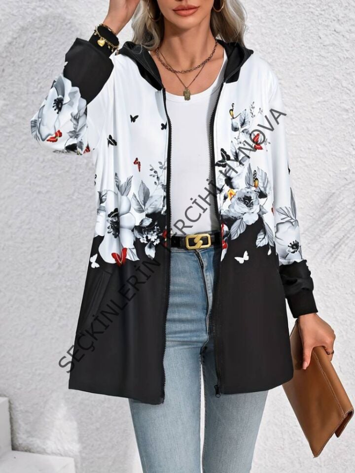 Kadın Uzun Kollu Kapşonlu Fermuarlı çiçek-kelebek Desenli şardonlu Dalgıç Ceket