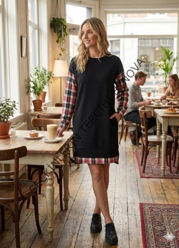 Kadın Bisiklet Yaka Kolları Ve Arkası Ekoseli Diz üstü Elbise