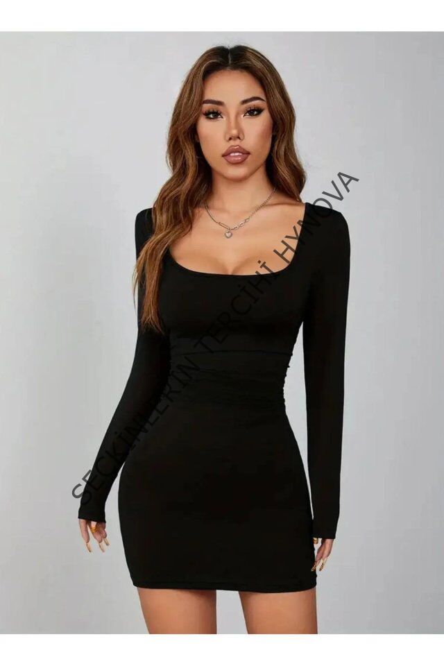 Siyah Kare Yaka Uzun Kollu Likralı Mini Elbise