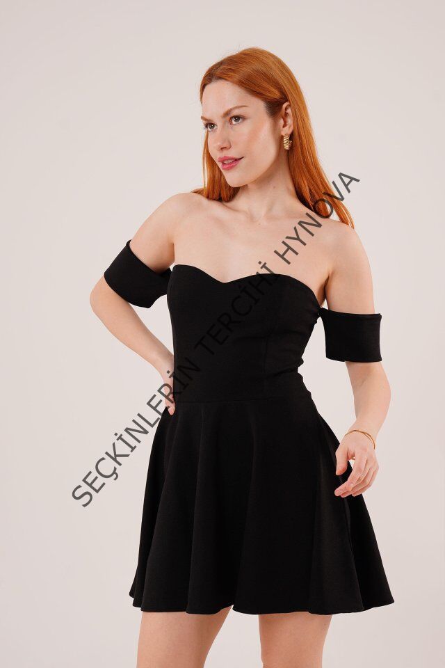 Kol Detaylı Straplez Siyah Mini Elbise