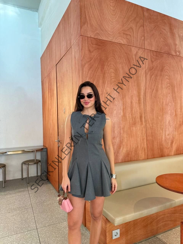 Bağcık Detaylı Kolsuz Mini Elbise - Antrasit