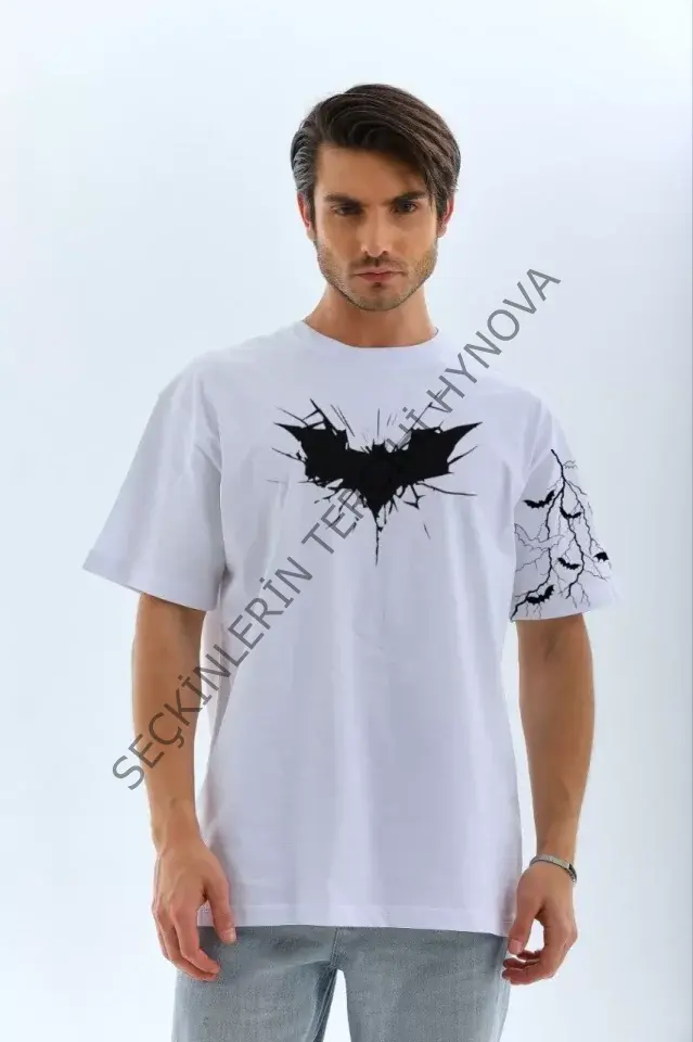 Unisex Ön Ve Kol Baskılı Oversize T-shirt - Beyaz