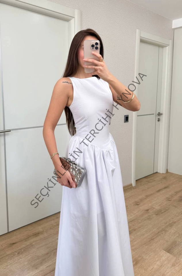 Sifir Kol Beli Oturtmalı Kolsuz Uzun Elbise - Beyaz