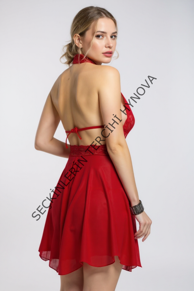 Kadın Kırmızı Çapraz Bağlı Kısa Tül Dantel Gecelik – Modern ve Şık Tasarım