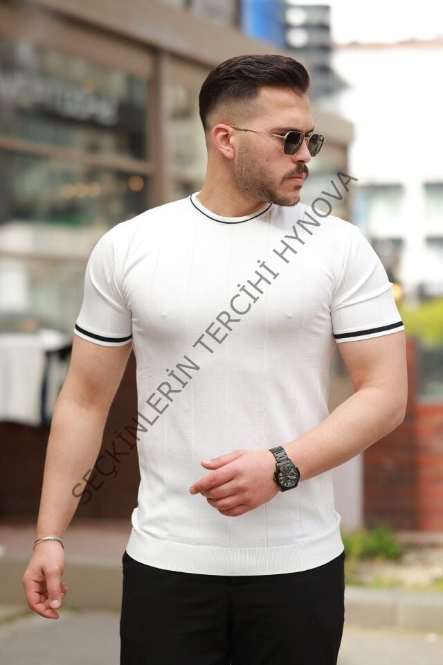 Erkek Bisiklet Yaka çizgi Desenli Ribanalı Kısa Kollu Tshirt