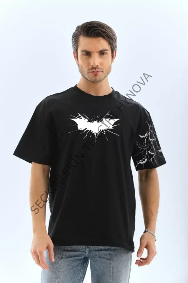 Unisex Ön Ve Kol Baskılı Oversize T-shirt - Siyah