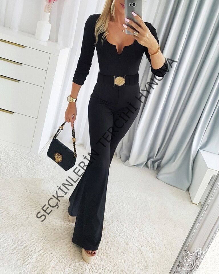 Kadın Uzun Kollu Yakası Açık Kemerli Uzun Modal Tulum