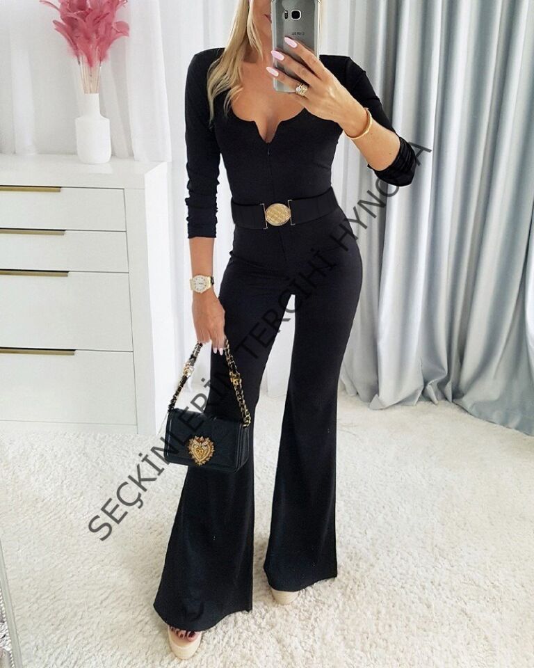 Kadın Uzun Kollu Yakası Açık Kemerli Uzun Modal Tulum