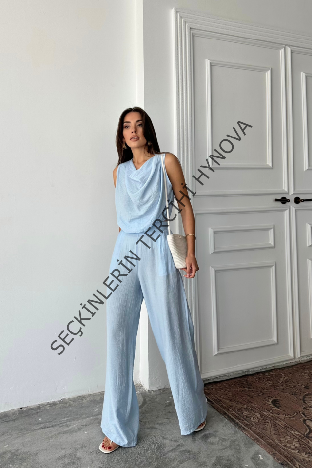 DEGAJE YAKA KOLSUZ BLUZ - PANTOLON TAKIM - Mavi