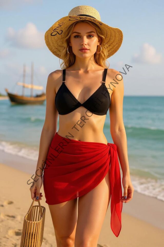 Kadın Kırmızı Transparan Belden Bağlamalı Pareo – Modern ve Şık Tasarım