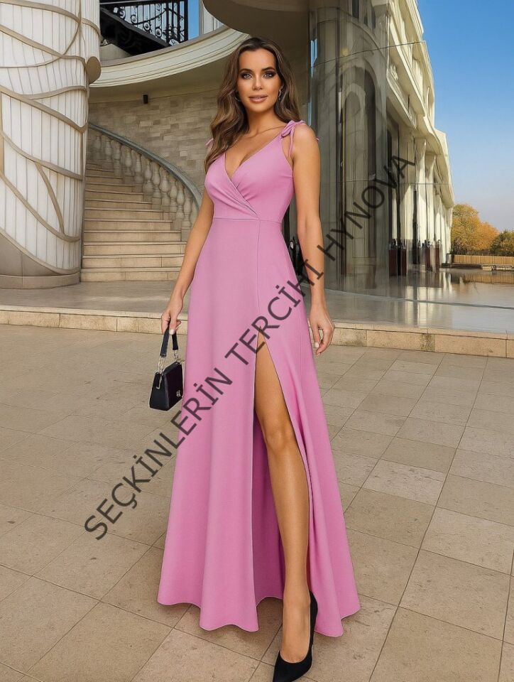 Kadın Askılı Omuzdan Bağlamalı Kruvaze Yakalı Uzun Yırtmaçlı Janjan Krep Elbise