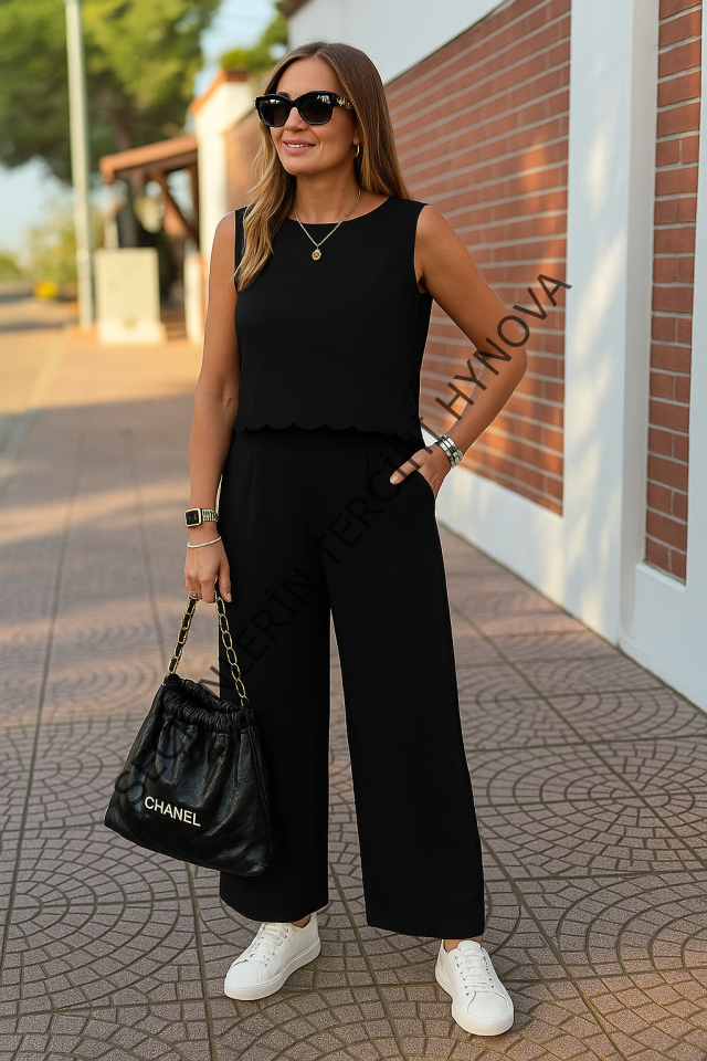 Kadın Sıfır Kollu Bisiklet Yaka Arkadan Bağlamalı Aer8bin Bluz Ve Pantolon Ikili Takım