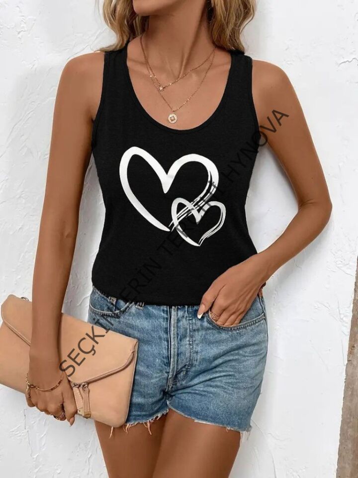 Kadın Askılı Yuvarlak Yaka Kalp Baskılı Viskon Bluz