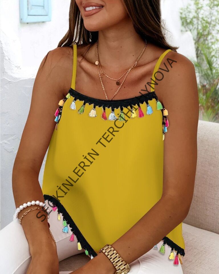 Kadın Ip Askılı Püskül Detaylı Sandy Bluz