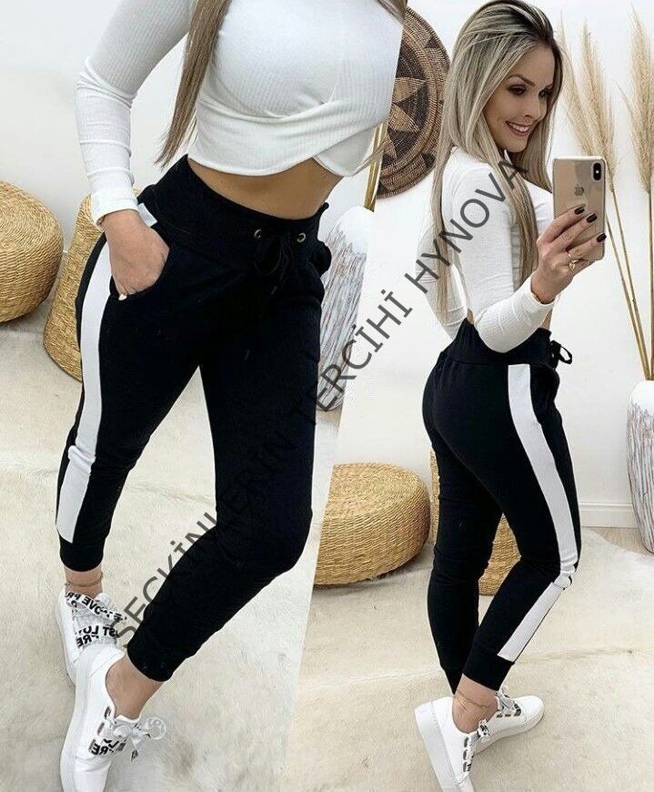 Kadın Yüksek Bel Kuş Gözü Detaylı Bağcıklı Yan şeritli Viskon Iki Iplik Eşofman Altı