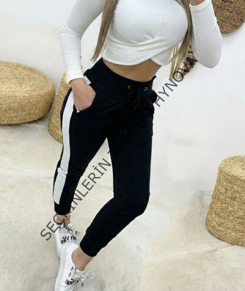 Kadın Yüksek Bel Kuş Gözü Detaylı Bağcıklı Yan şeritli Viskon Iki Iplik Eşofman Altı