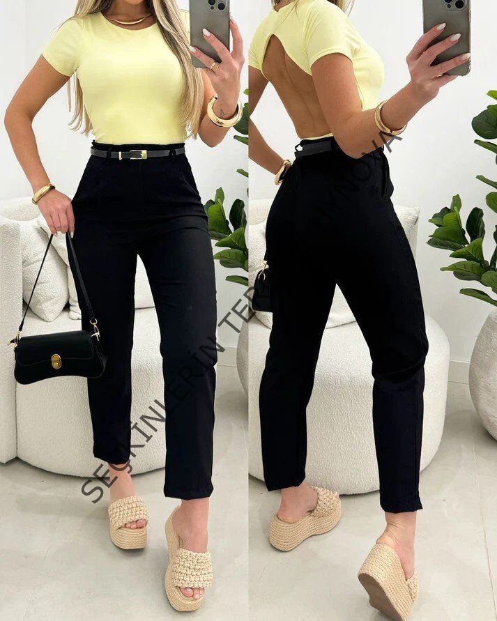 Kadın Yüksek Bel Kemersiz Ithal Krep Pantolon