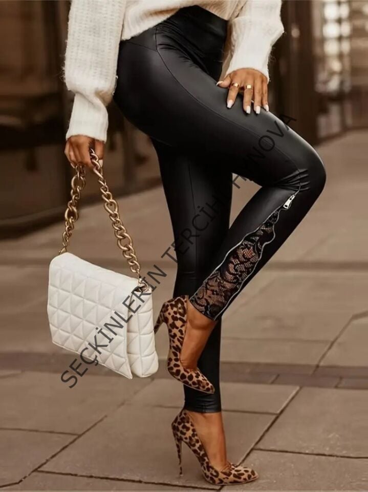 Kadın Yüksek Bel Yandan Yırtmaçlı Dantel Detaylı Deri Tayt