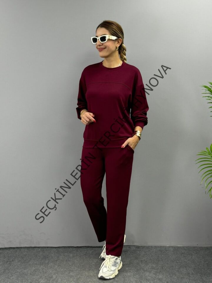 Kadın Uzun Kollu Bisiklet Yaka Viskon Iki Iplik Bluz Ve Pantolon Ikili Takım