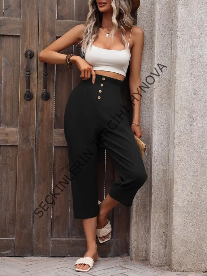 Kadın Yüksek Belli önden Düğmeli Ithal Keten Pantolon