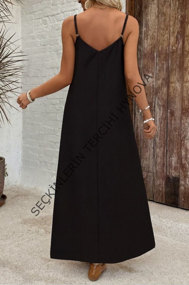 Kadın Ip Askılı Geniş V Yakalı Desenli Süprem Elbise