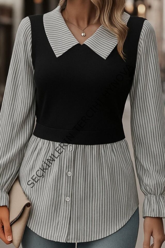 Kadın Uzun Kollu Yakalı önden Düğmeli Ottoman Bluz