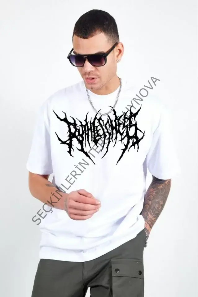 Unisex Bisiklet Yaka Baskılı Oversize T-Shirt - Beyaz