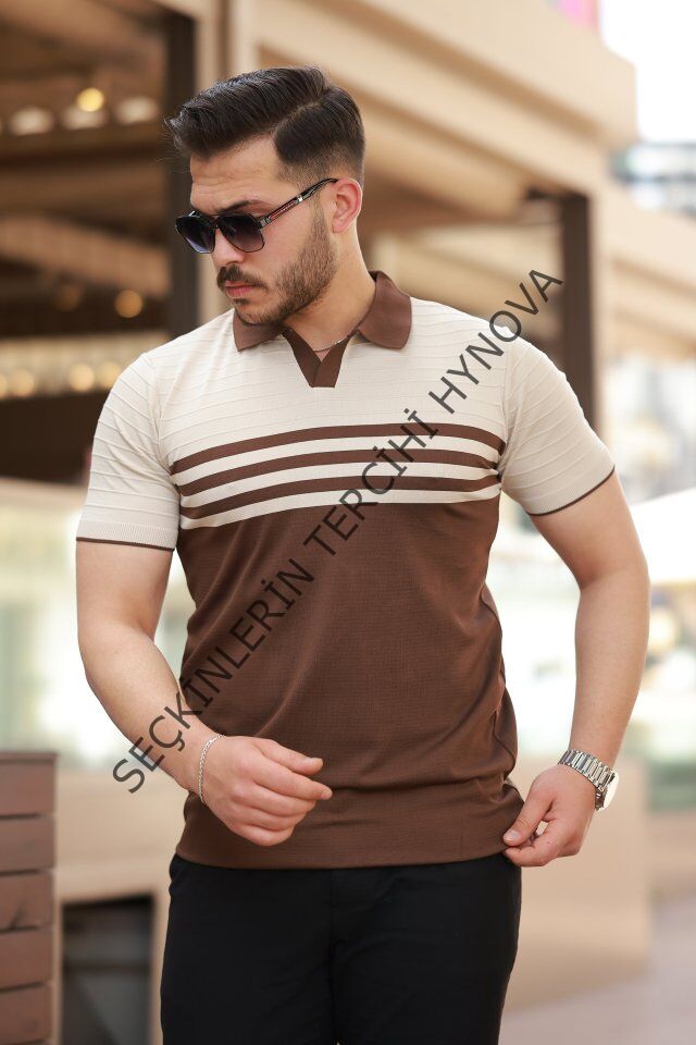 Erkek çizgi Desenli Yakalı Kısa Kollu T-shirt