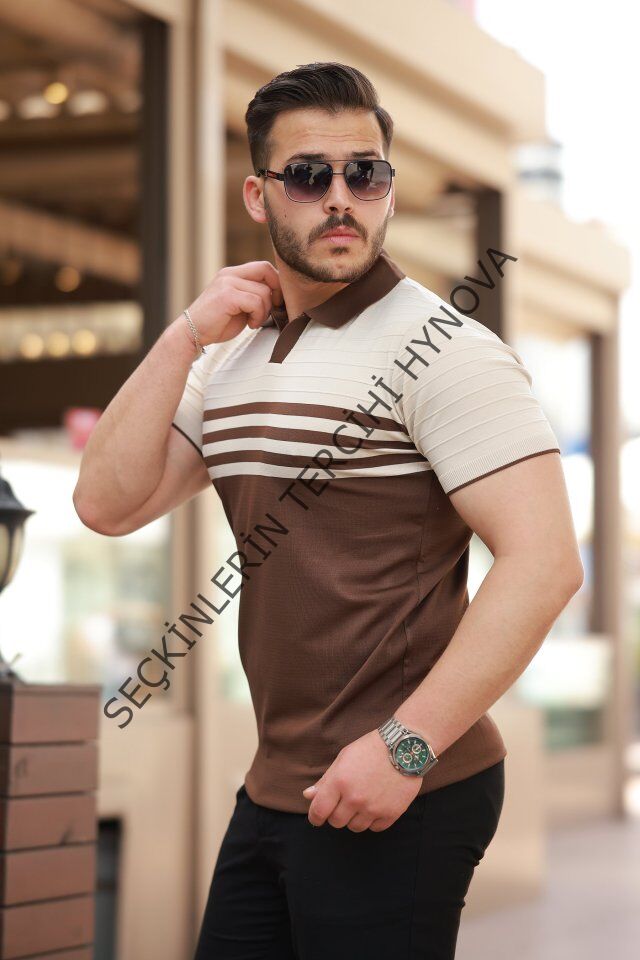 Erkek çizgi Desenli Yakalı Kısa Kollu T-shirt